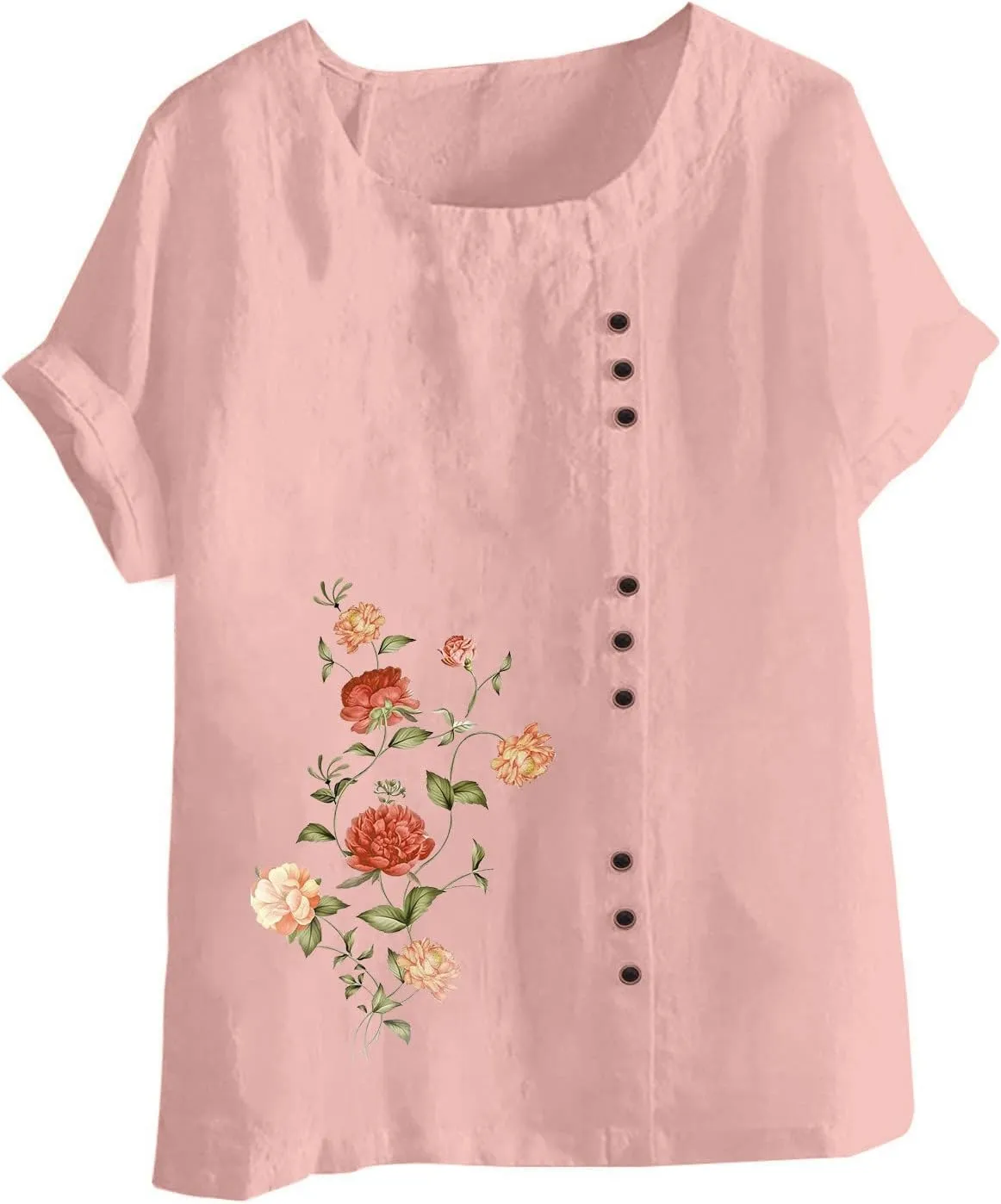 Summer Women Cotton Linen T-Shirts Casual Retro Flower Print Blouses Top Short Sleeve Crewneck Loose Tunic Comfy Soft Tee