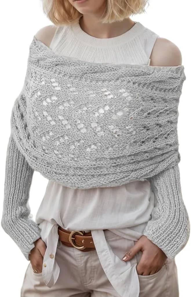 Sweater Scarf with Sleeves for Women Multi-Use Knitted Cable Wrap Shrugs Crochet Fashion Shawl Cape