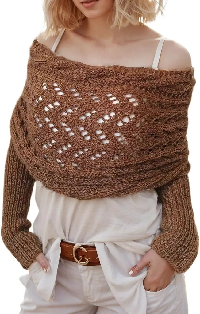 Sweater Scarf with Sleeves for Women Multi-Use Knitted Cable Wrap Shrugs Crochet Fashion Shawl Cape