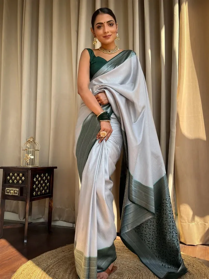 Unique Grey Soft Silk Saree With Prettiest Blouse Piece