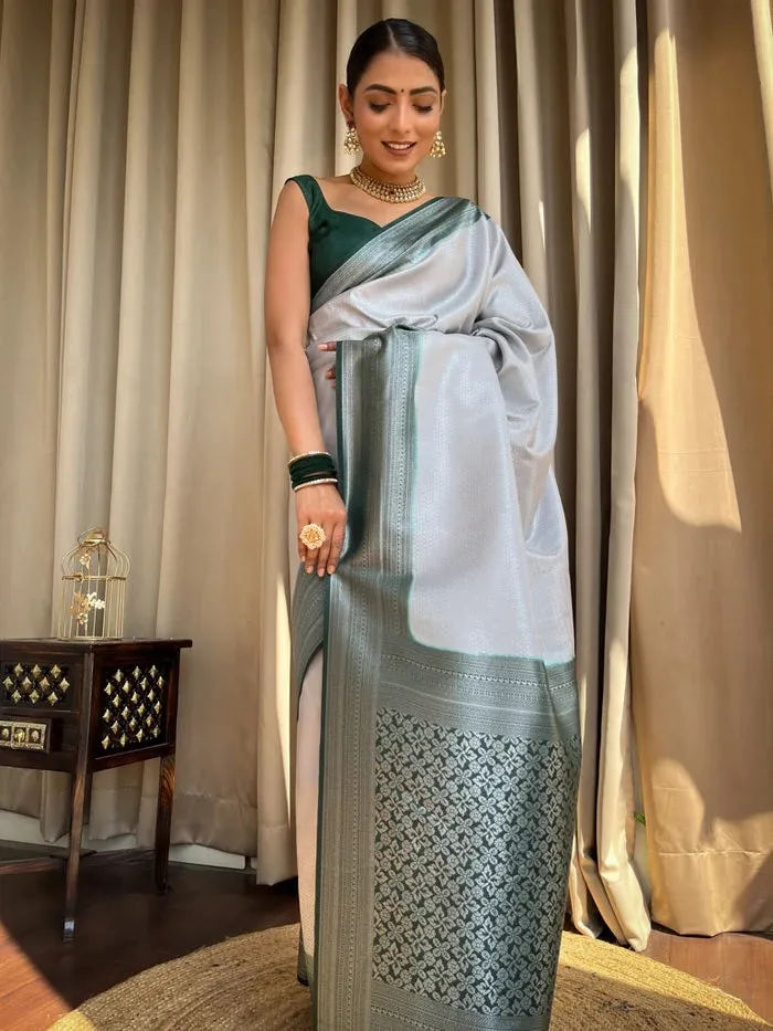 Unique Grey Soft Silk Saree With Prettiest Blouse Piece