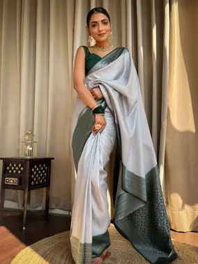 Unique Grey Soft Silk Saree With Prettiest Blouse Piece