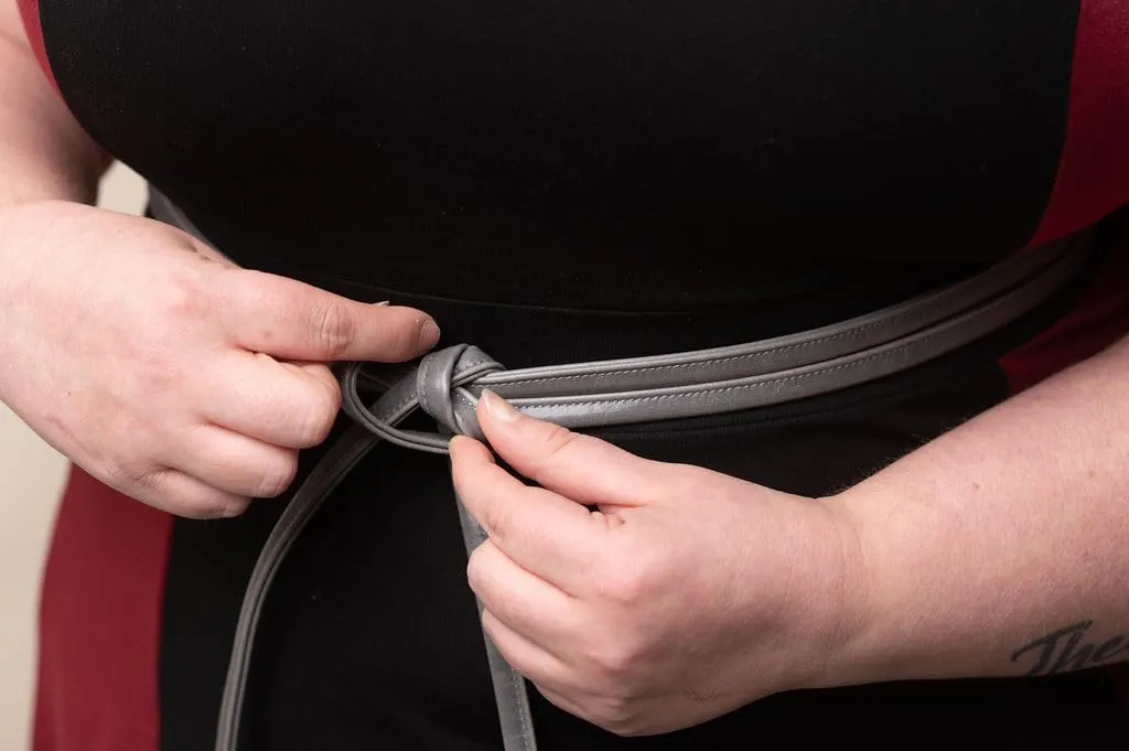 Vegan Leather Wrap Belt for Women - Multiple Ways to Wear - One Size Fits All - Adjustable - Size inclusive - Skinny Wrap Belt | Sash Obi knot tie belt | Made in USA (Grey with Gold Hardware)