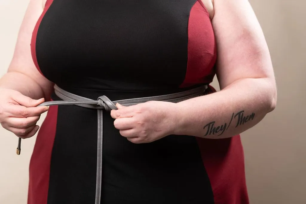 Vegan Leather Wrap Belt for Women - Multiple Ways to Wear - One Size Fits All - Adjustable - Size inclusive - Skinny Wrap Belt | Sash Obi knot tie belt | Made in USA (Grey with Gold Hardware)