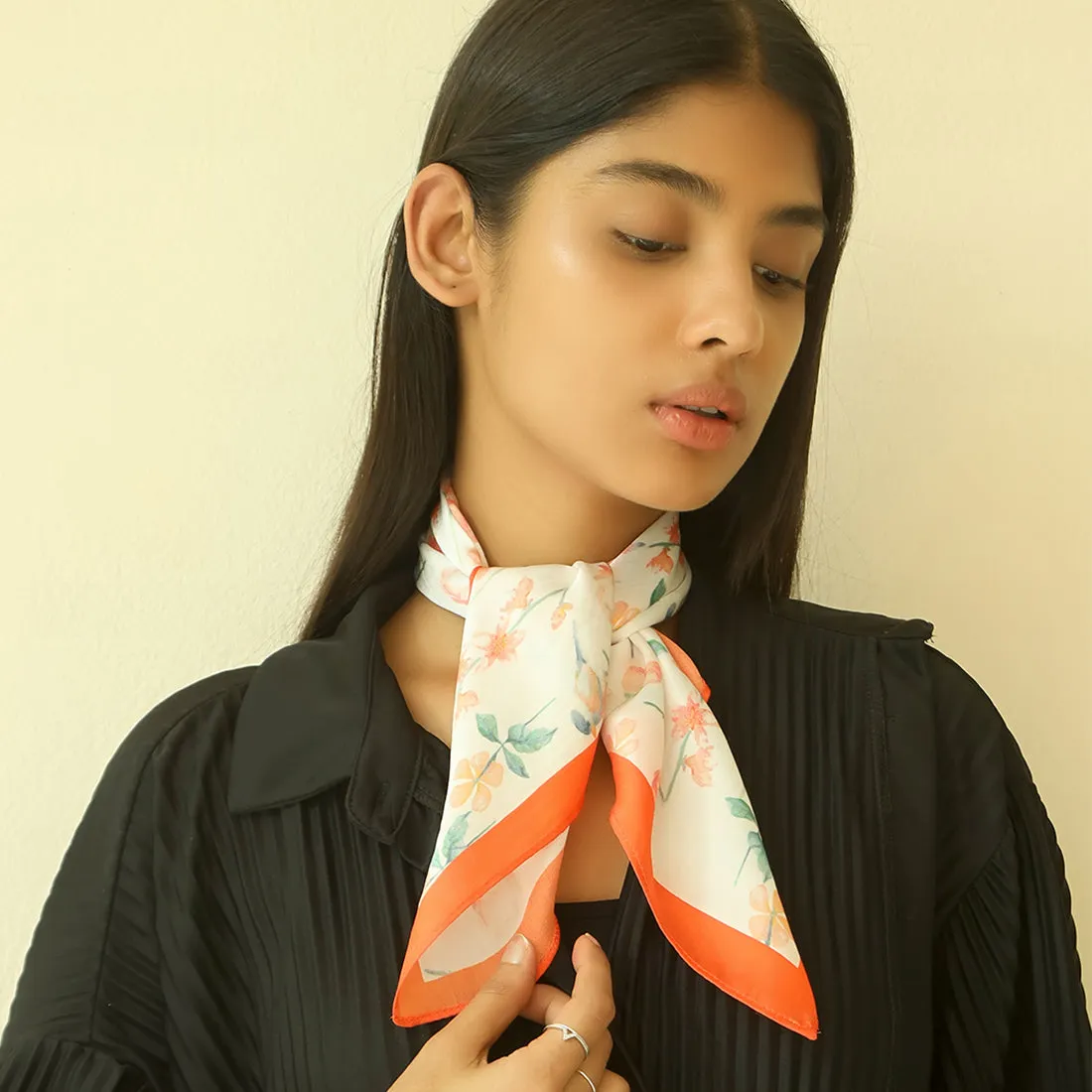 White and orange Floral Satin Scarf