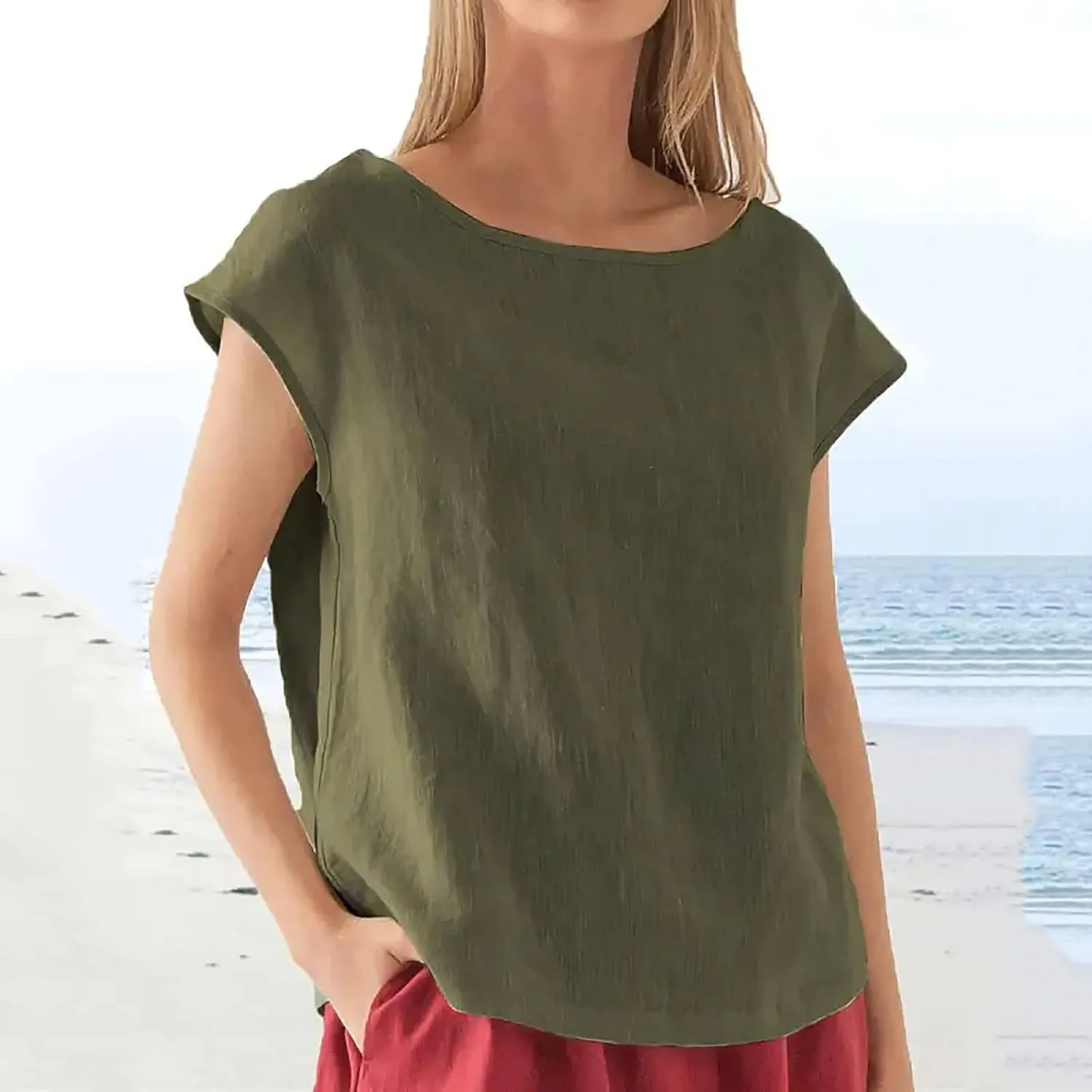 Women Casual T-Shirts 2025 Summer Outdoor Solid Tee Basic Loose Fit Soft Blouse Boat Neck Cotton Linen Comfy Tops