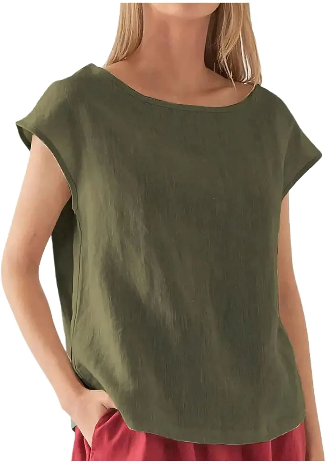Women Casual T-Shirts 2025 Summer Outdoor Solid Tee Basic Loose Fit Soft Blouse Boat Neck Cotton Linen Comfy Tops