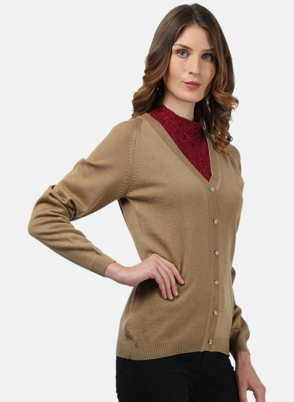 Women Light Brown Solid Cardigan
