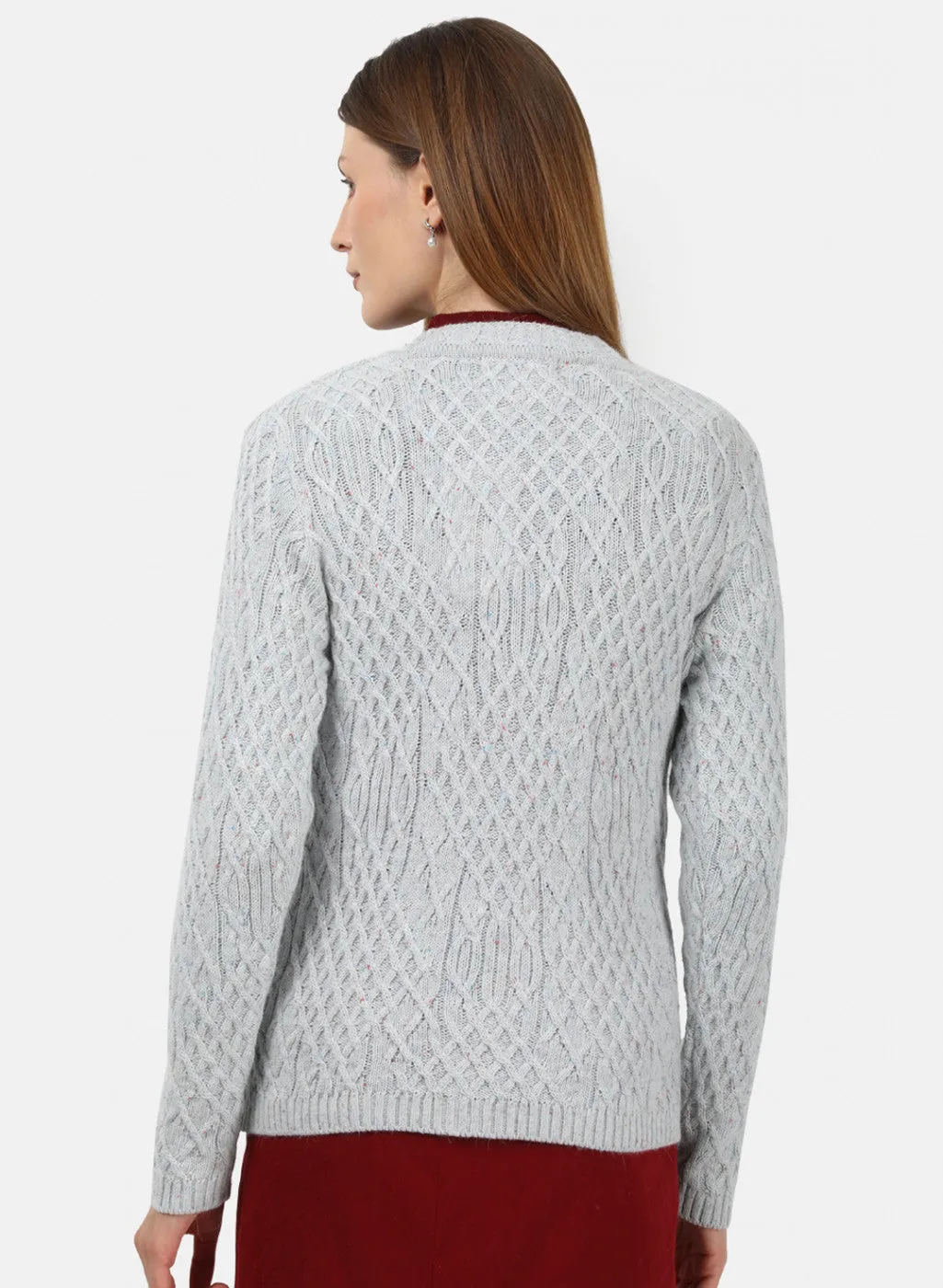 Women Light Grey Self Design Cardigan