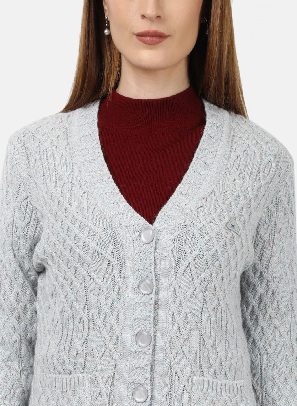 Women Light Grey Self Design Cardigan