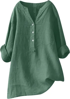 Women Linen Shirts V-Neck Button Down Blouse Collared Soft Tee Tops Short Sleeve Loose Shirts