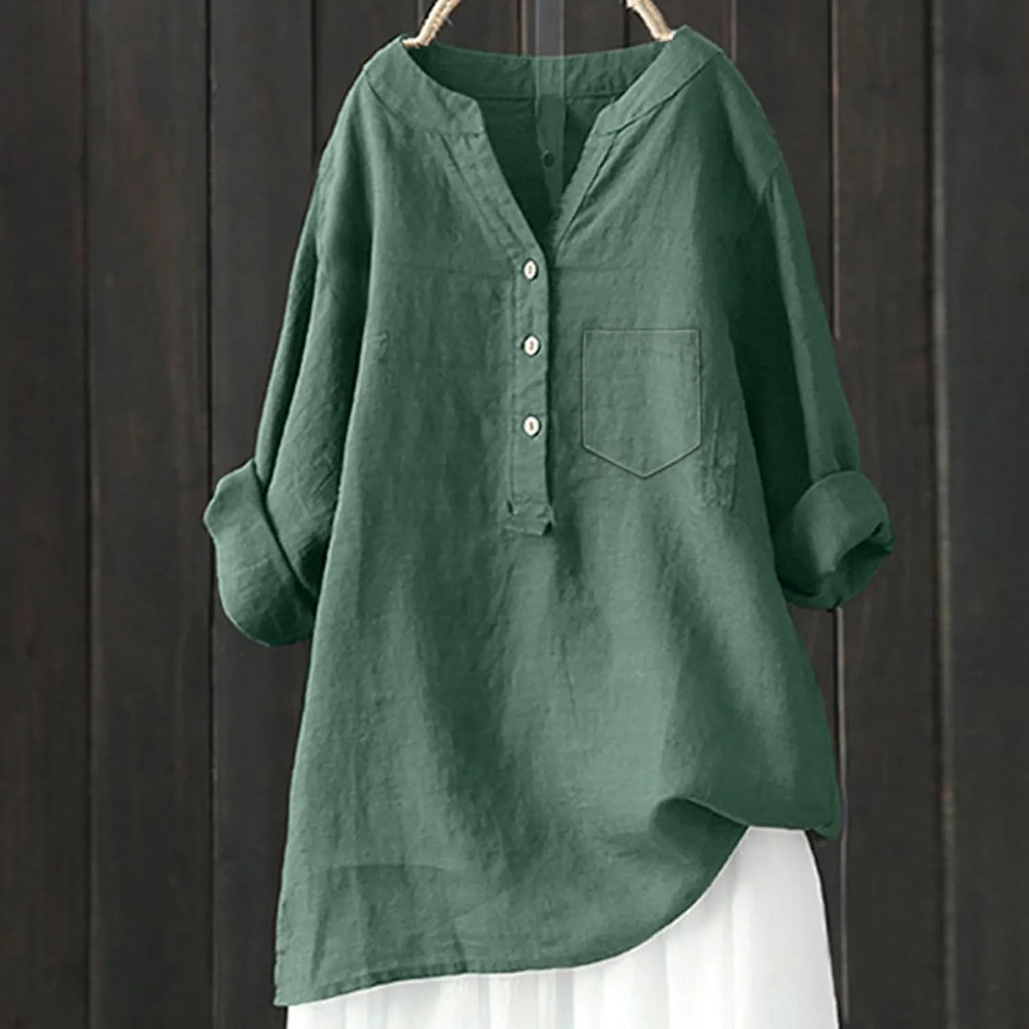 Women Linen Shirts V-Neck Button Down Blouse Collared Soft Tee Tops Short Sleeve Loose Shirts