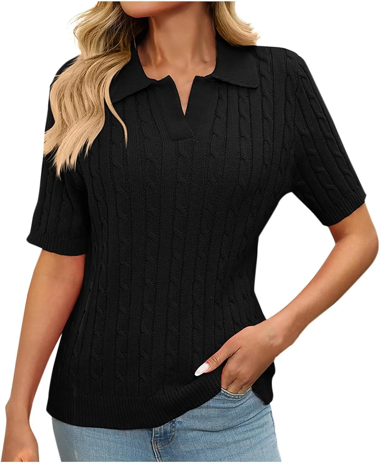 Womens Cable Knit Sweaters Short Sleeve Polo Tops Lapel V Neck Knit Casual Soft Pullover Shirt 2025 Summer Outfits