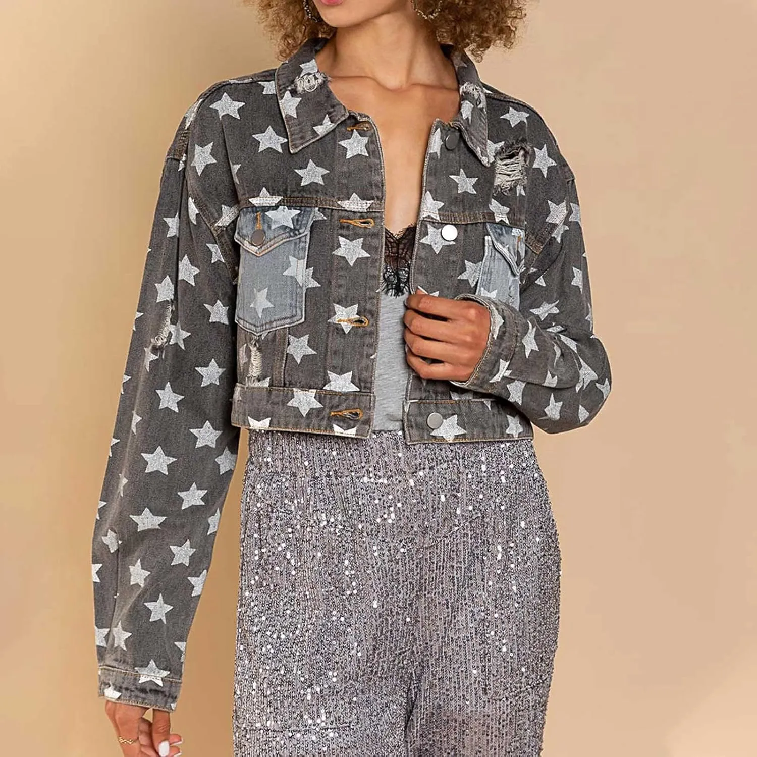 Womens Cropped Denim Jacket Distressed Washed Jean Jacket Casual Button Down Light Jackets Long Sleeve Trucker Coat