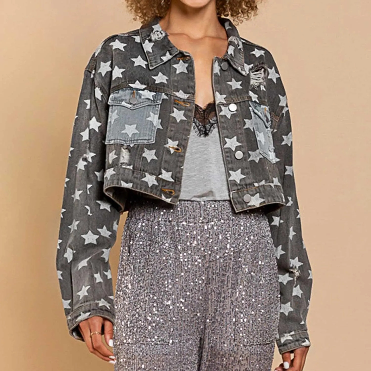 Womens Cropped Denim Jacket Distressed Washed Jean Jacket Casual Button Down Light Jackets Long Sleeve Trucker Coat