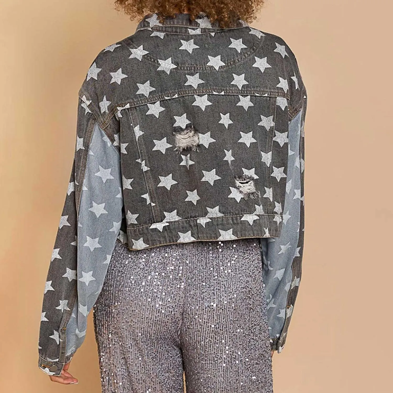 Womens Cropped Denim Jacket Distressed Washed Jean Jacket Casual Button Down Light Jackets Long Sleeve Trucker Coat