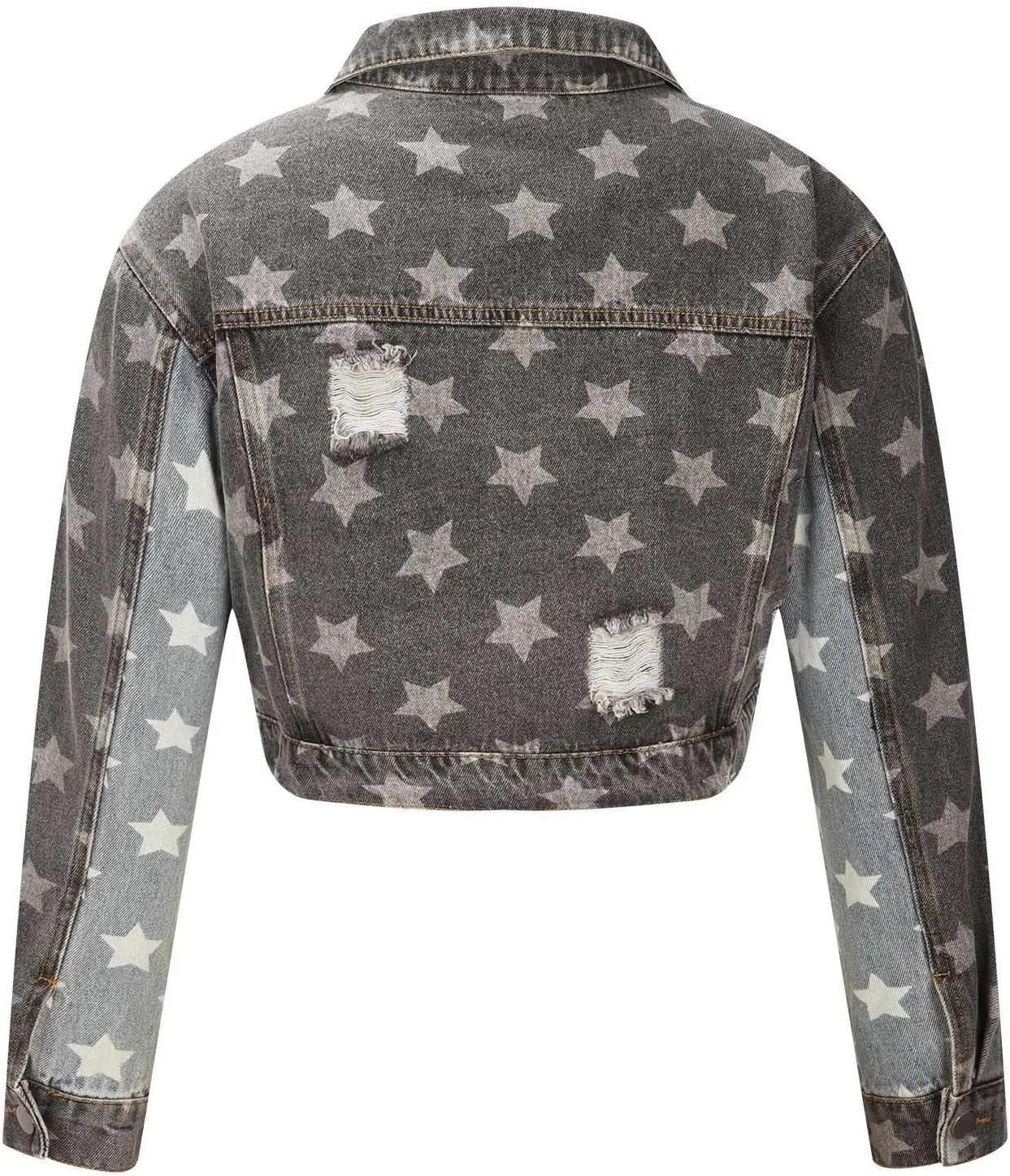 Womens Cropped Denim Jacket Distressed Washed Jean Jacket Casual Button Down Light Jackets Long Sleeve Trucker Coat