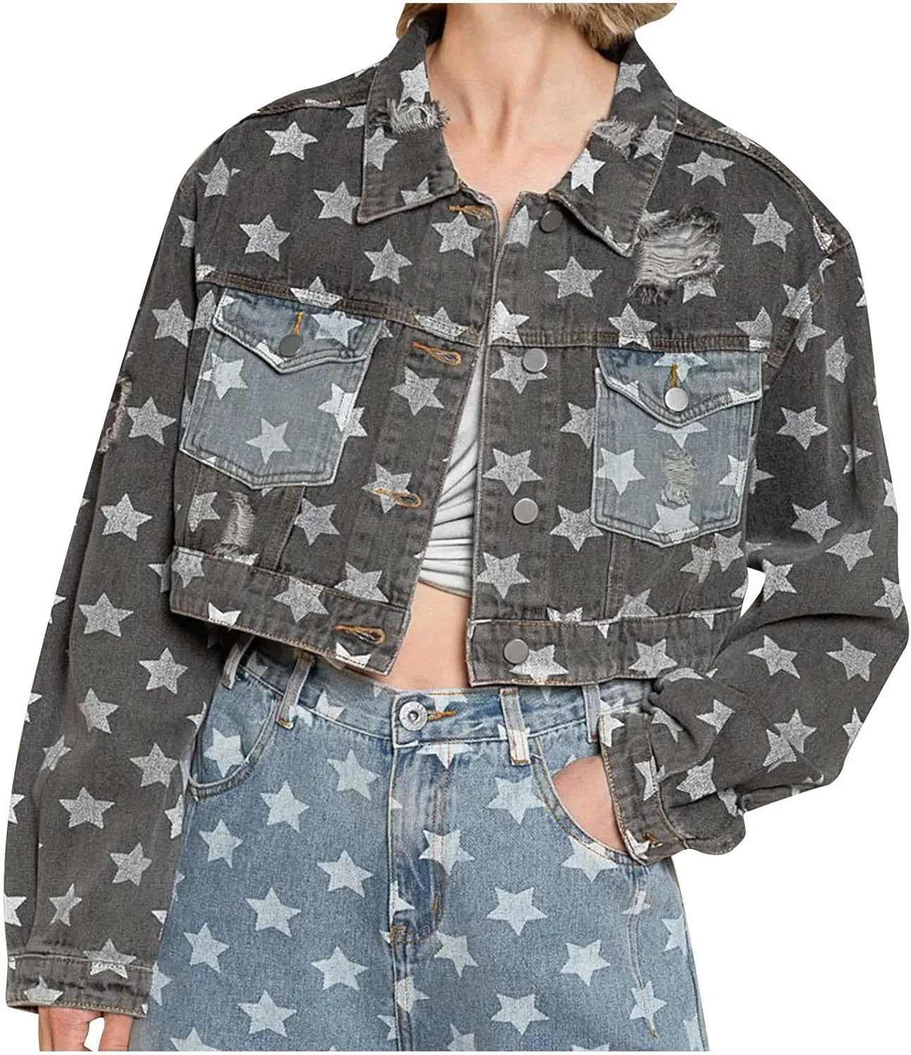 Womens Cropped Denim Jacket Distressed Washed Jean Jacket Casual Button Down Light Jackets Long Sleeve Trucker Coat