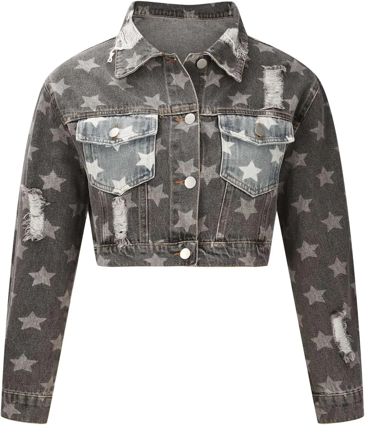 Womens Cropped Denim Jacket Distressed Washed Jean Jacket Casual Button Down Light Jackets Long Sleeve Trucker Coat