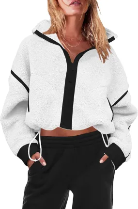 Womens Fleece Zip Down Jacket Soft Oversized Crop Sweatshirt with Pockets Long Sleeve Winter Coats