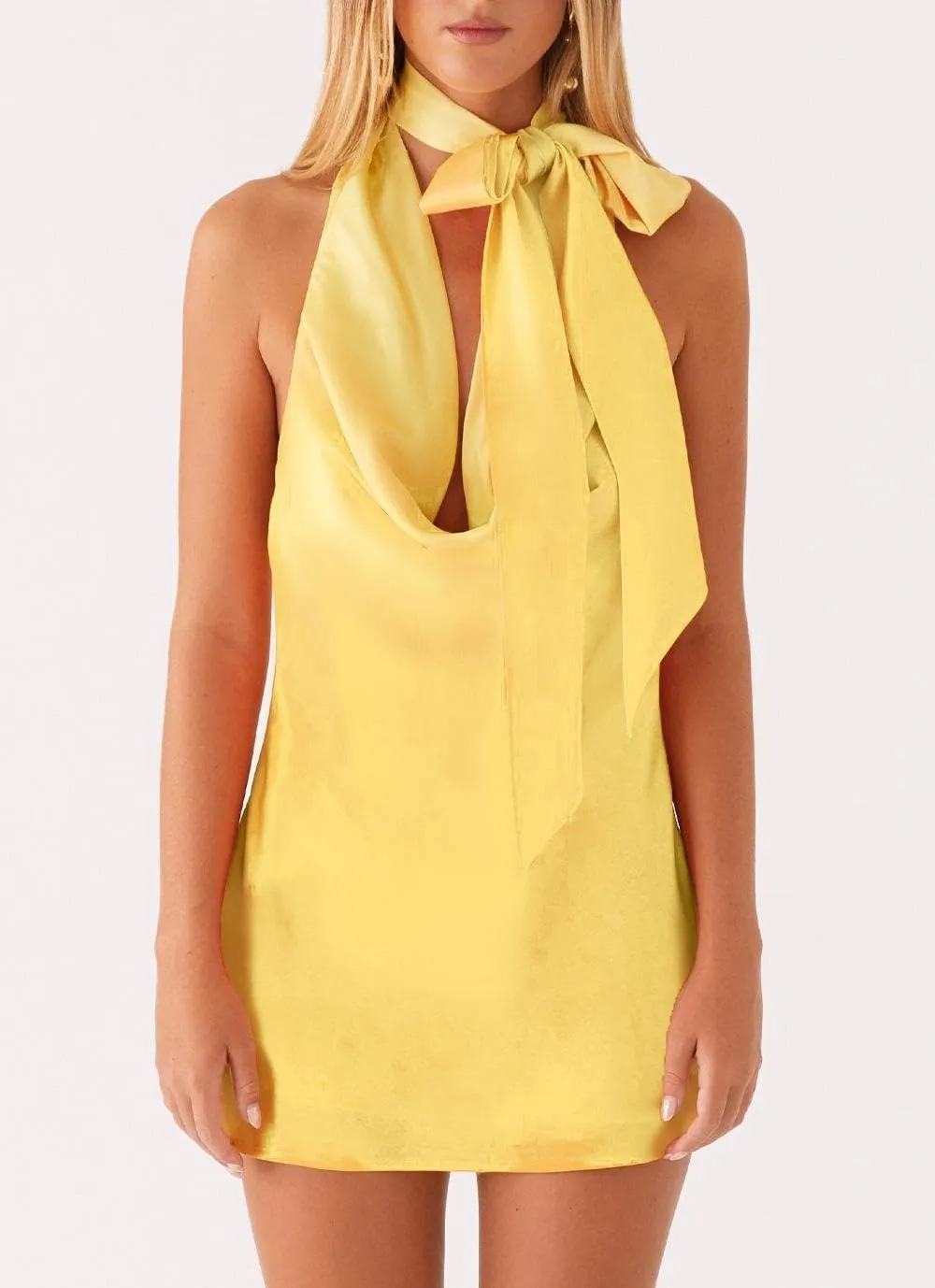 Women's Halter Cowl Neck Mini Dress with Scarf Y2k Sexy Backless Satin Bodycon Dress Club Cocktail Party Dresses