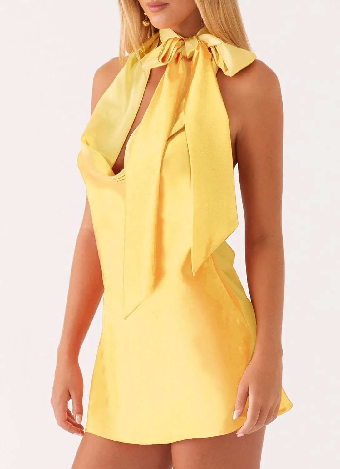Women's Halter Cowl Neck Mini Dress with Scarf Y2k Sexy Backless Satin Bodycon Dress Club Cocktail Party Dresses