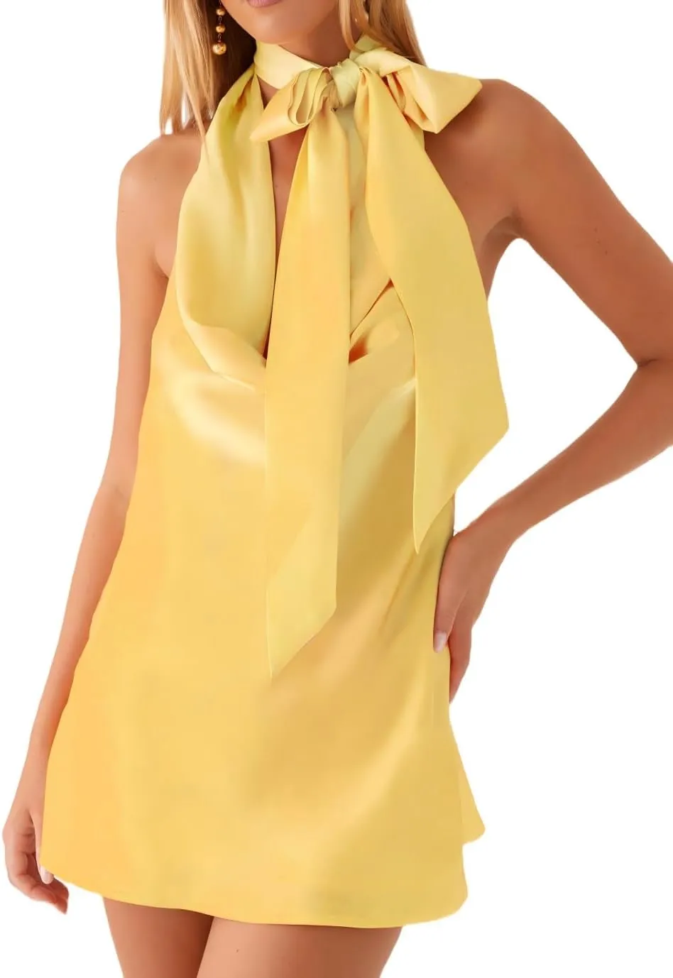 Women's Halter Cowl Neck Mini Dress with Scarf Y2k Sexy Backless Satin Bodycon Dress Club Cocktail Party Dresses