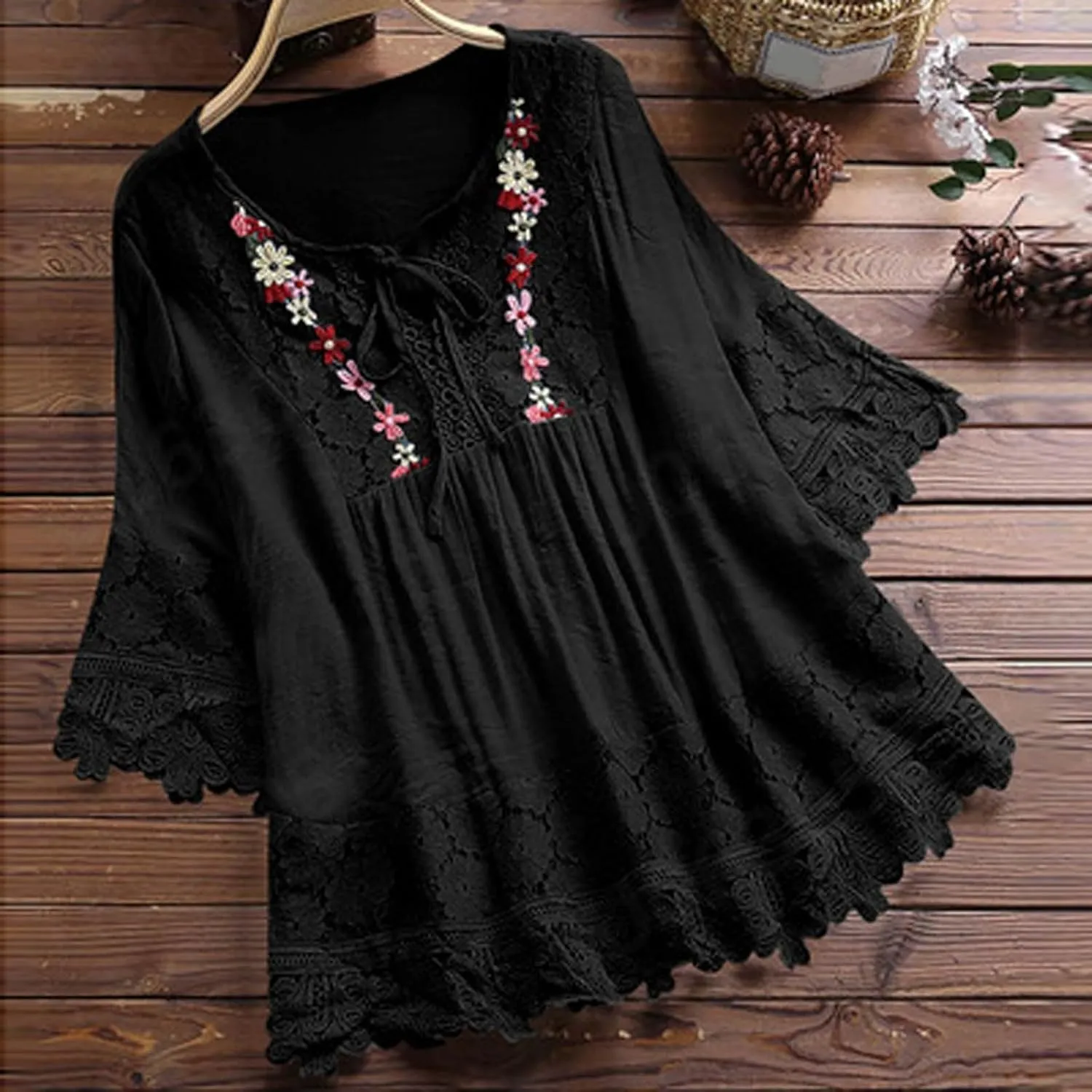 Womens Short Sleeve Linen Shirts Casual Crewneck Soft T Shirts Embroidery Loose Fit Summer Tshirt