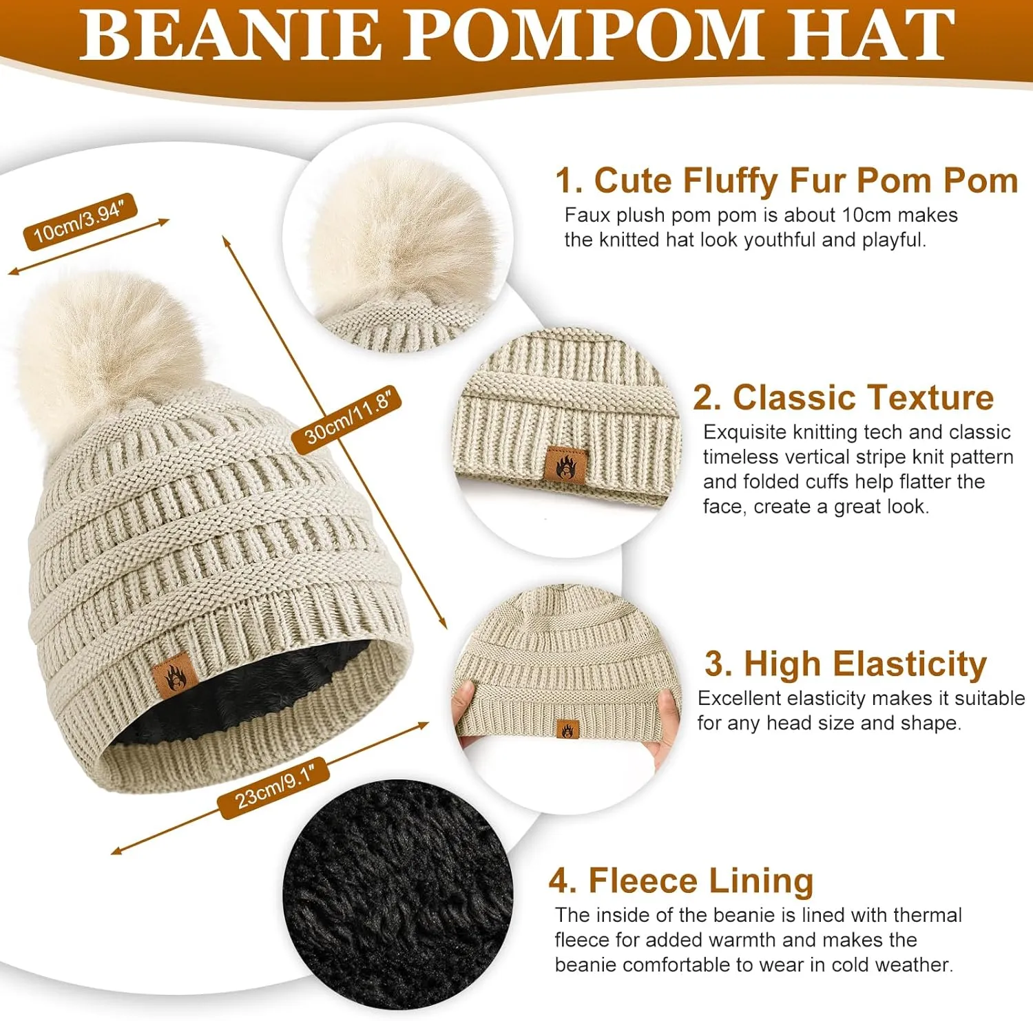 Womens Winter Knit Hat Beanie Scarf Touch Screen Gloves Ear Muffs Socks 5 Pieces Sets Faux Fur Pom Beanie Warmer Cap