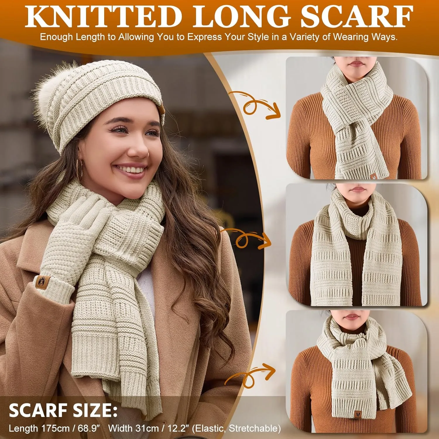 Womens Winter Knit Hat Beanie Scarf Touch Screen Gloves Ear Muffs Socks 5 Pieces Sets Faux Fur Pom Beanie Warmer Cap