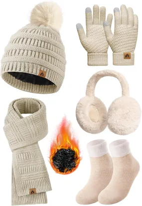 Womens Winter Knit Hat Beanie Scarf Touch Screen Gloves Ear Muffs Socks 5 Pieces Sets Faux Fur Pom Beanie Warmer Cap