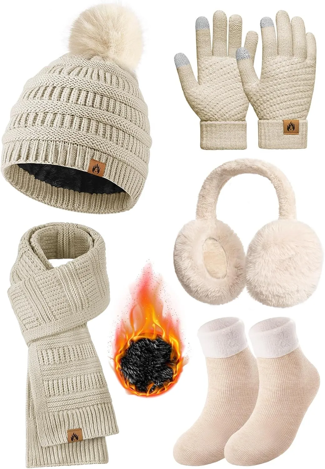 Womens Winter Knit Hat Beanie Scarf Touch Screen Gloves Ear Muffs Socks 5 Pieces Sets Faux Fur Pom Beanie Warmer Cap