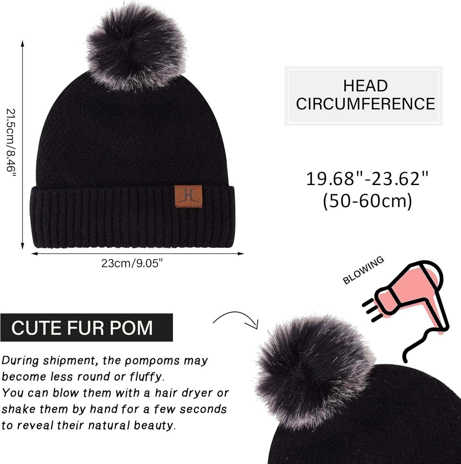 Womens Winter Warm Knit Beanie Hat Long Scarf Touchscreen Gloves Set with Fleece Lined Pom Skull Cap Gifts for Women