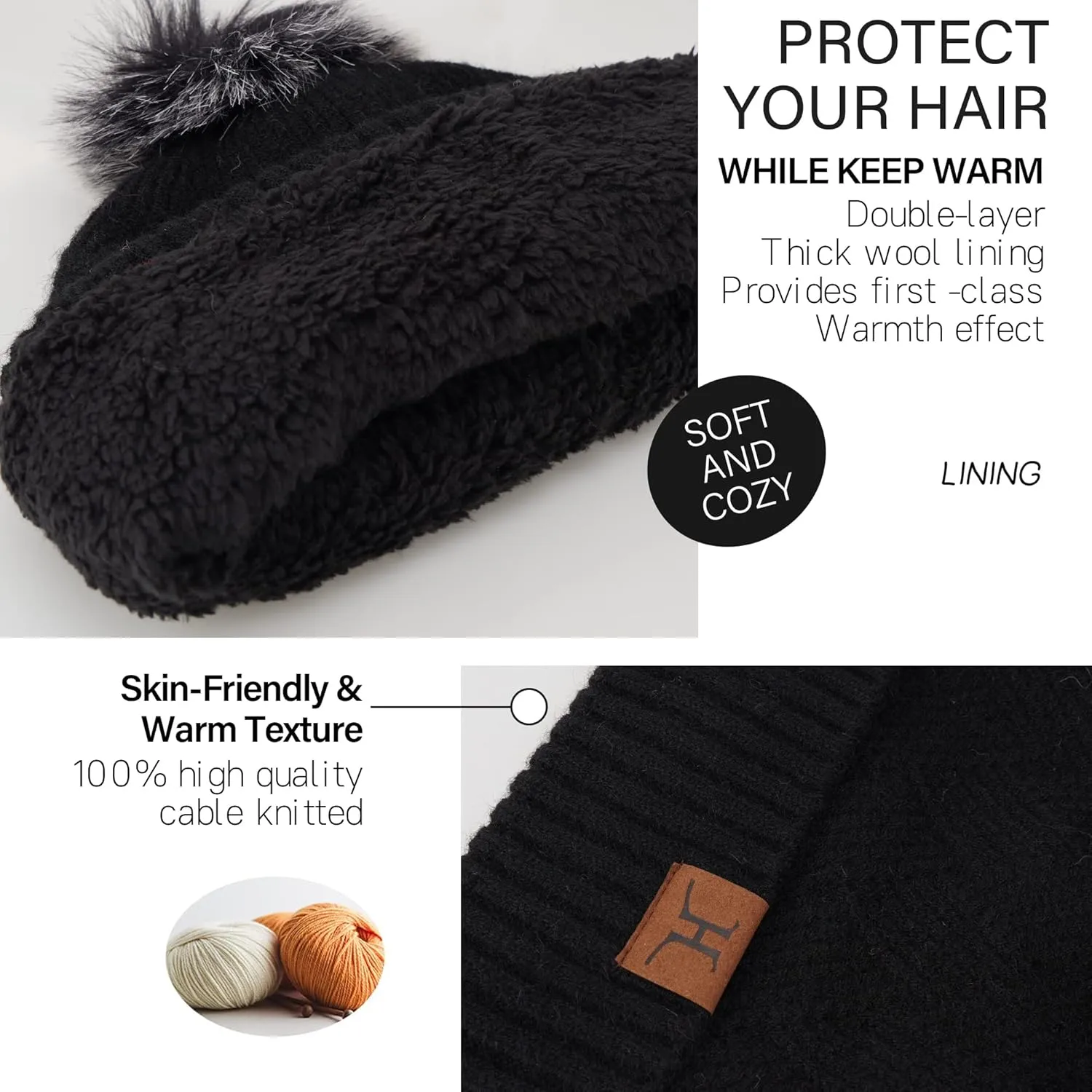 Womens Winter Warm Knit Beanie Hat Long Scarf Touchscreen Gloves Set with Fleece Lined Pom Skull Cap Gifts for Women