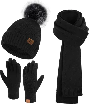 Womens Winter Warm Knit Beanie Hat Long Scarf Touchscreen Gloves Set with Fleece Lined Pom Skull Cap Gifts for Women