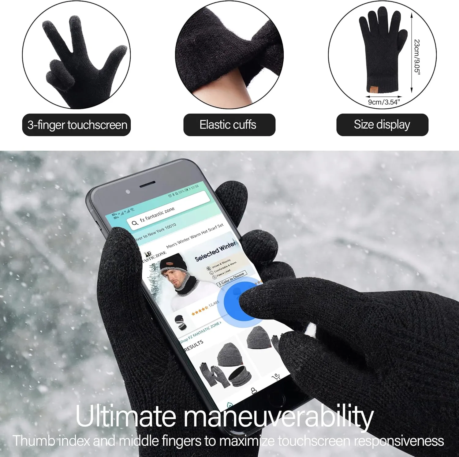 Womens Winter Warm Knit Beanie Hat Long Scarf Touchscreen Gloves Set with Fleece Lined Pom Skull Cap Gifts for Women