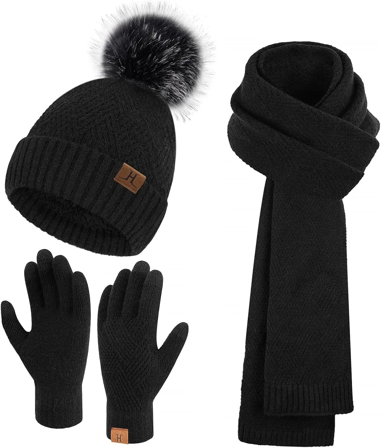 Womens Winter Warm Knit Beanie Hat Long Scarf Touchscreen Gloves Set with Fleece Lined Pom Skull Cap Gifts for Women
