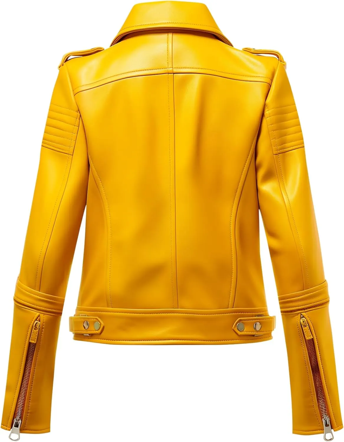 Women's Yellow Leather Biker Jacket - Slim Fit Real Lambskin, Asymmetric Zip, Belt, Stylish Moto Design