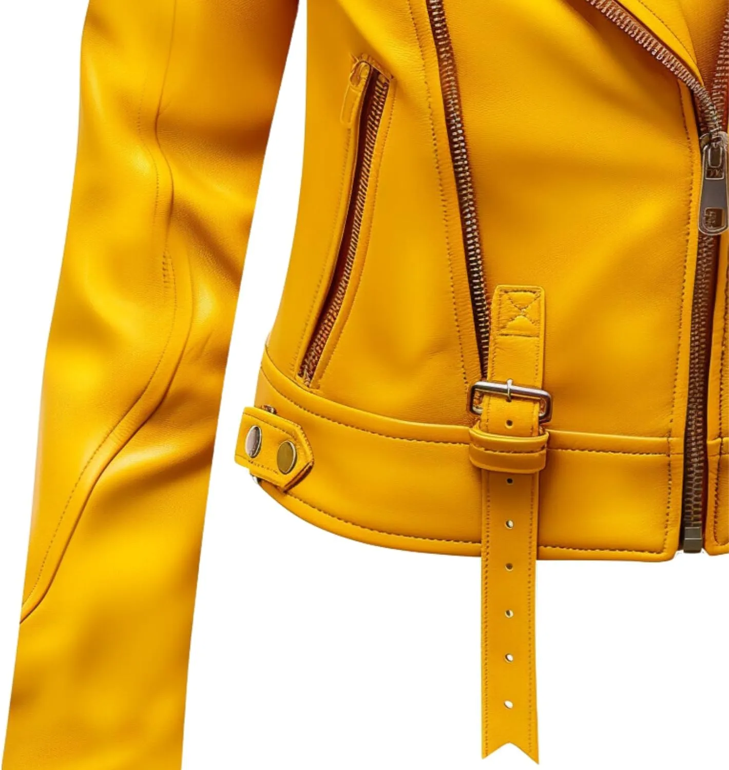 Women's Yellow Leather Biker Jacket - Slim Fit Real Lambskin, Asymmetric Zip, Belt, Stylish Moto Design