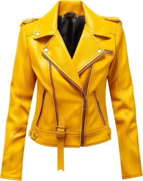 Women's Yellow Leather Biker Jacket - Slim Fit Real Lambskin, Asymmetric Zip, Belt, Stylish Moto Design