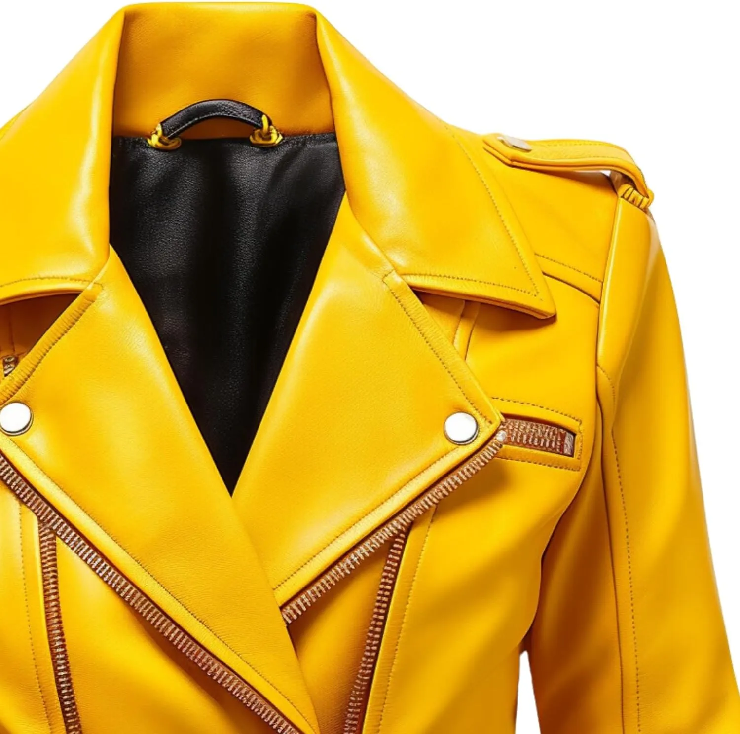 Women's Yellow Leather Biker Jacket - Slim Fit Real Lambskin, Asymmetric Zip, Belt, Stylish Moto Design