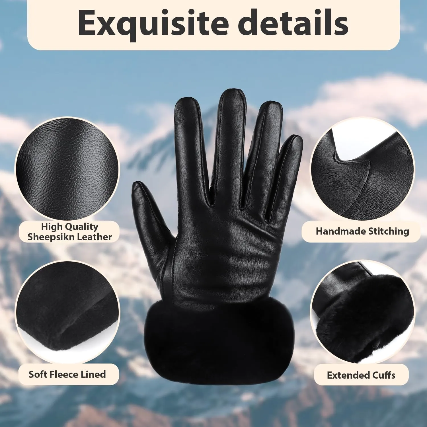 Yicorgard Women Fur Leather Gloves Winter Warm Gloves Black Rabbit Fur Cuff Touchscreen Driving Gloves