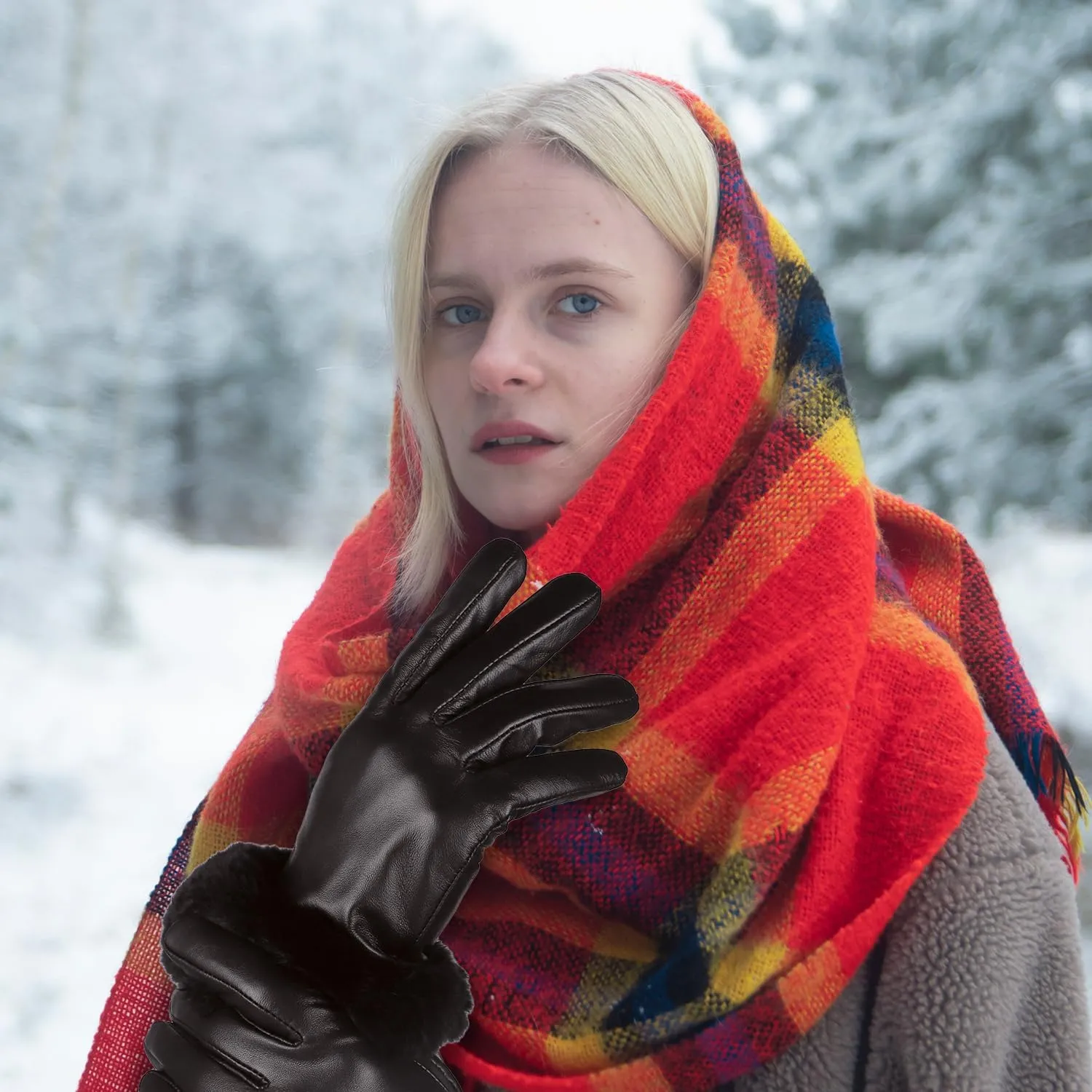 Yicorgard Women Fur Leather Gloves Winter Warm Gloves Black Rabbit Fur Cuff Touchscreen Driving Gloves