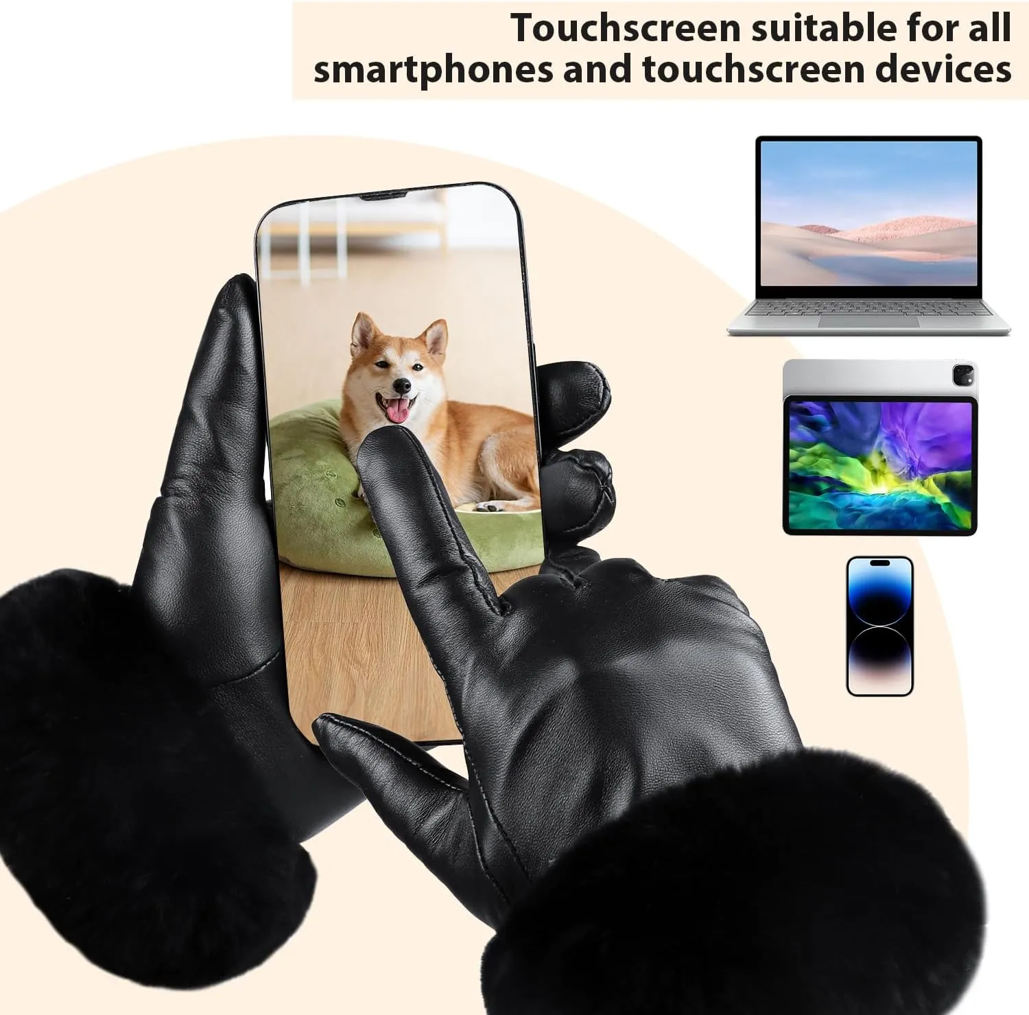 Yicorgard Women Fur Leather Gloves Winter Warm Gloves Black Rabbit Fur Cuff Touchscreen Driving Gloves