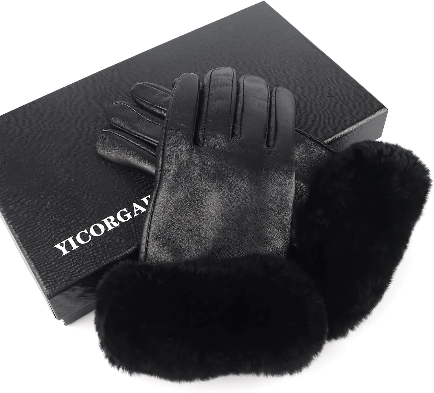 Yicorgard Women Fur Leather Gloves Winter Warm Gloves Black Rabbit Fur Cuff Touchscreen Driving Gloves
