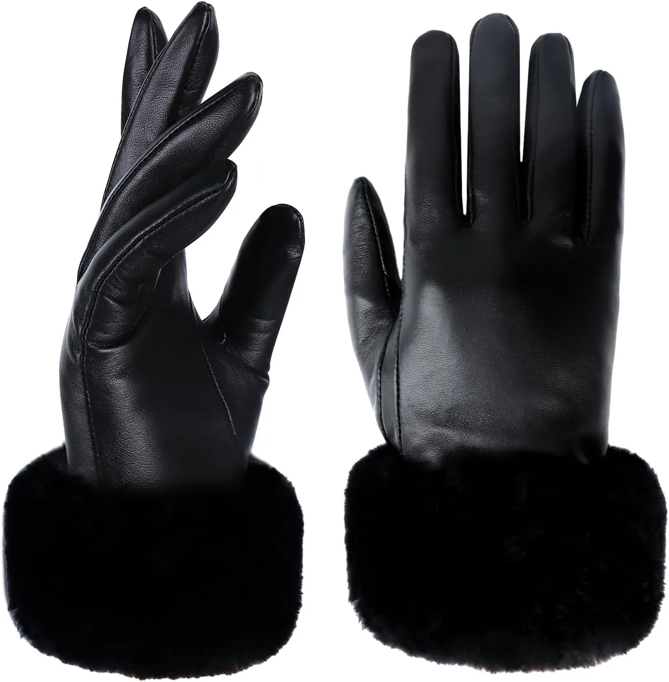 Yicorgard Women Fur Leather Gloves Winter Warm Gloves Black Rabbit Fur Cuff Touchscreen Driving Gloves
