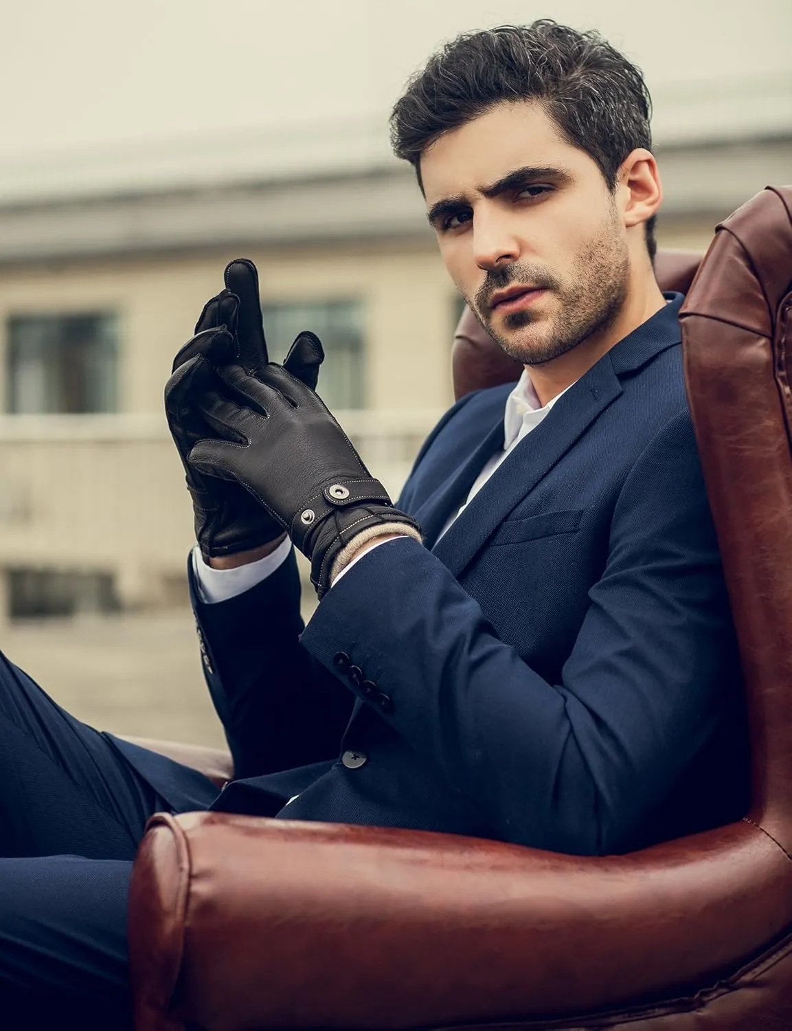 YISEVEN Men's Deerskin Leather Gloves Hand Sewn