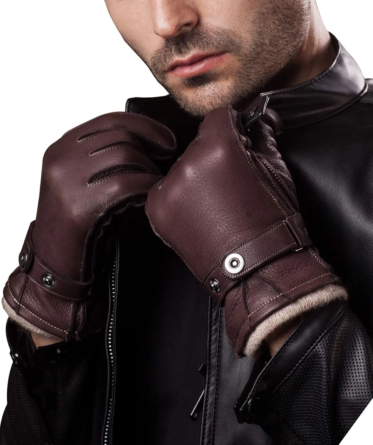 YISEVEN Men's Deerskin Leather Gloves Hand Sewn