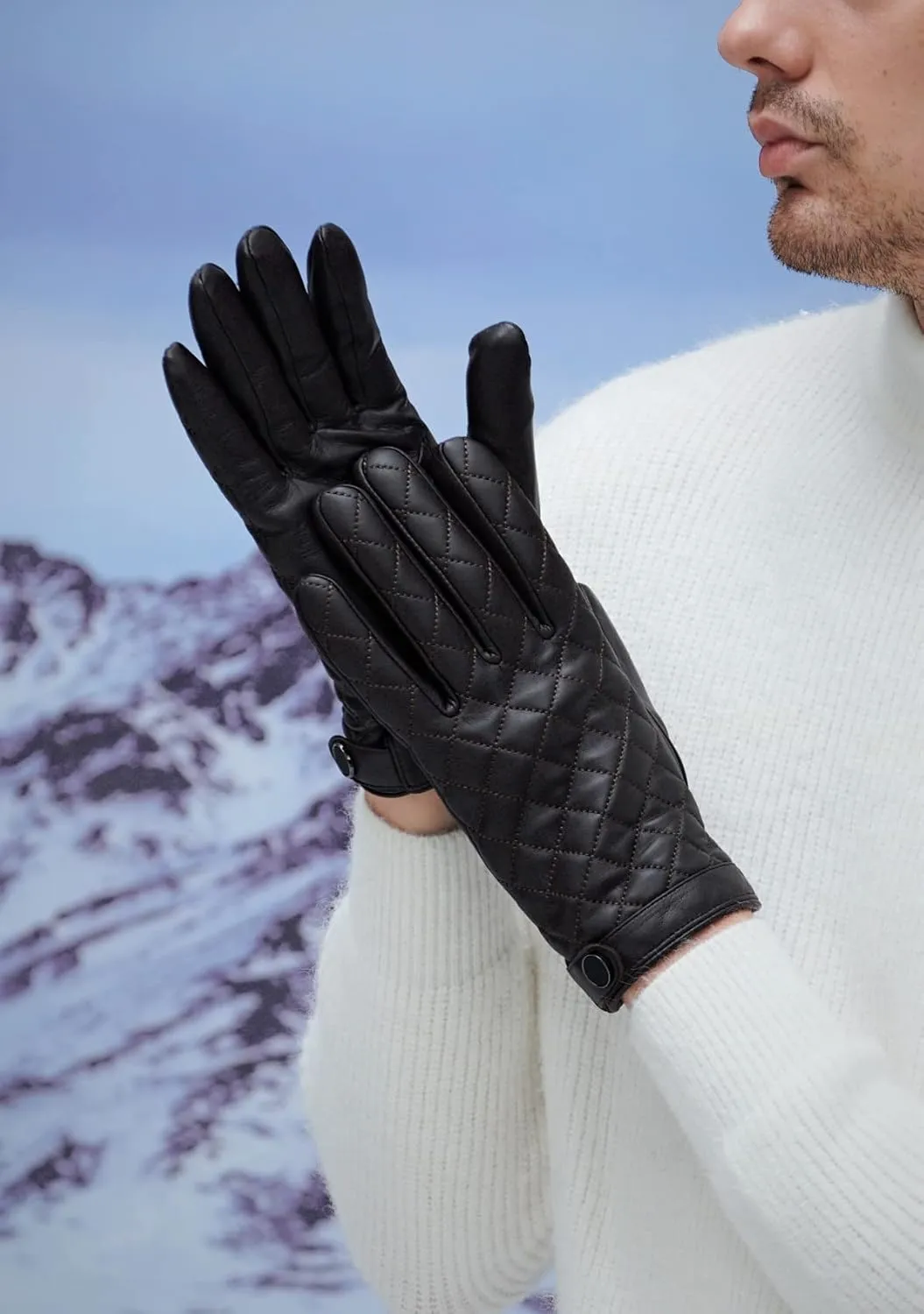 YISEVEN Men's Lambskin Quilted Leather Gloves Touchscreen