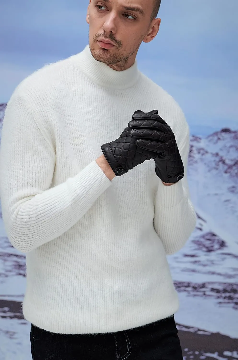 YISEVEN Men's Lambskin Quilted Leather Gloves Touchscreen